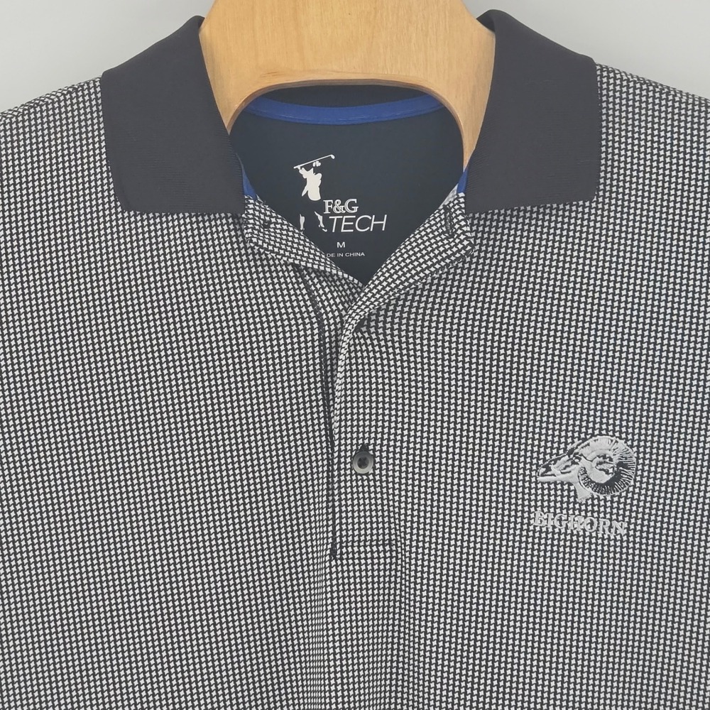 F&G Tech Mens Golf Polo Shirt Black White Houndstooth Bighorn Ram Logo Size M